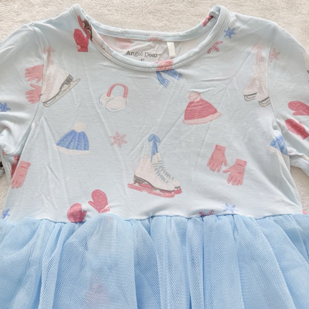 Angel Dear Girls 4T Ice Skating Tutu Dress Blue Long Sleeve Winter Ruffle - Picture 2 of 8